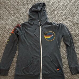 Aviator Nation Blue Uni-Sex Full Zip Hooded Rainbow Sleeve Size Large